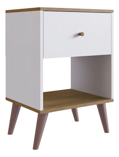 Imagen de Mesa De Luz Estilo Retro Cajon Rieles Metálicos Y Estante Color Blanco/miel